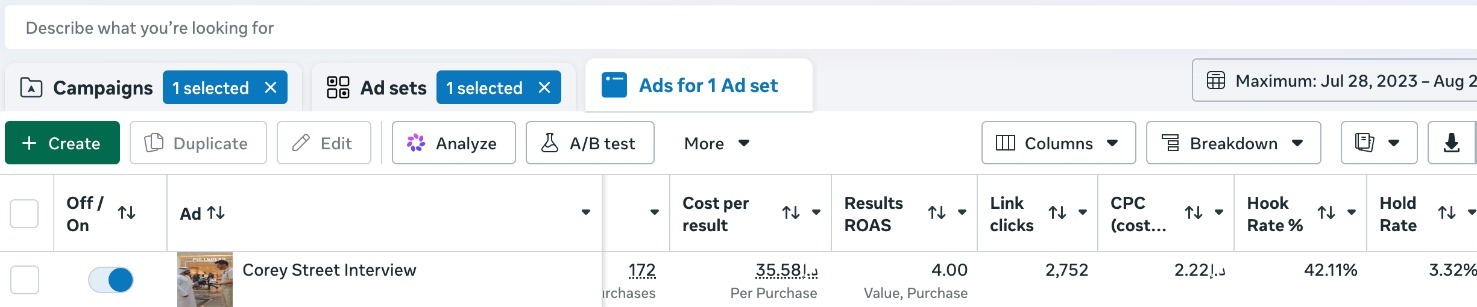 Month 1 Ads Manager results