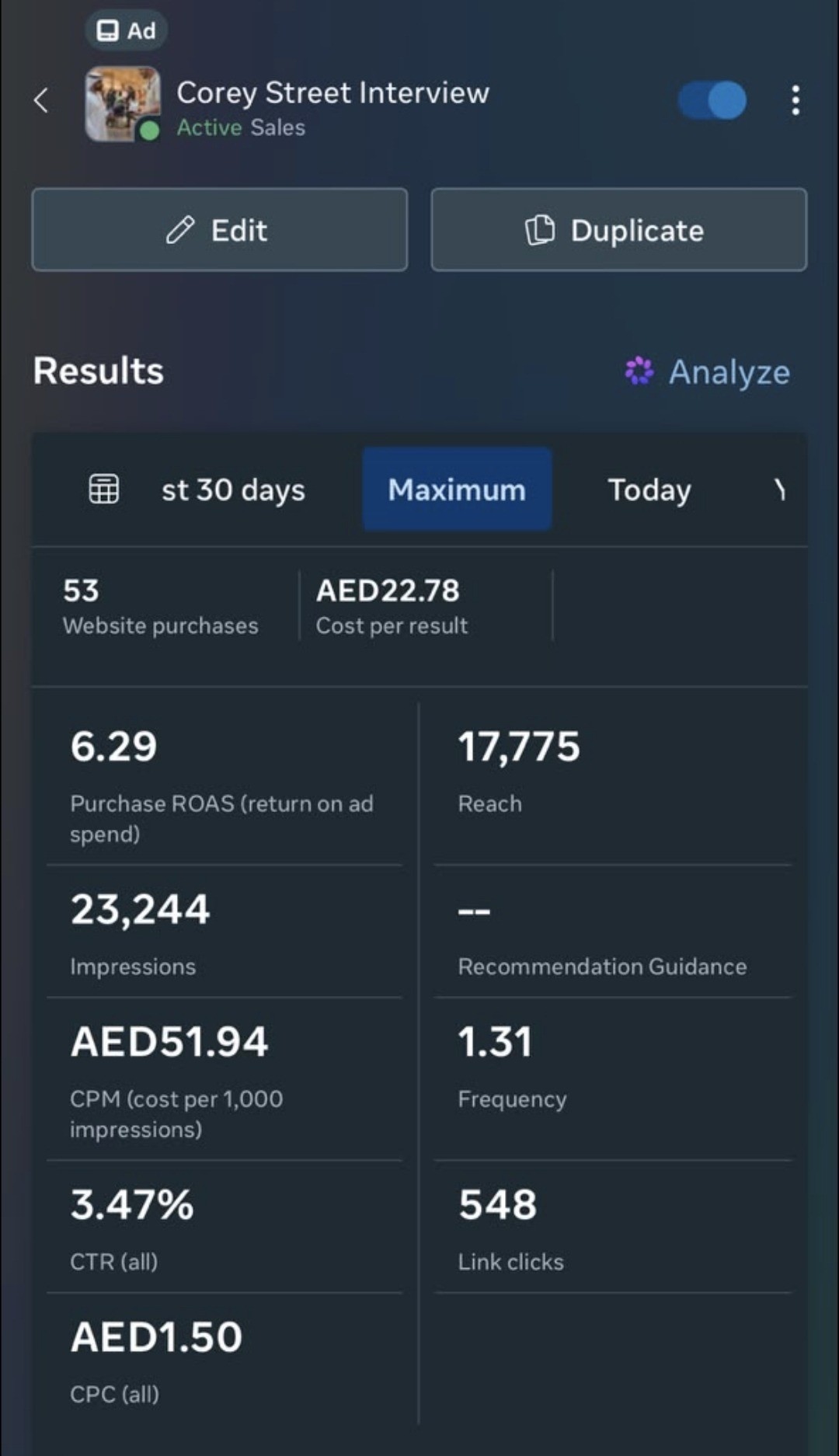 Week 1 Ads Manager results